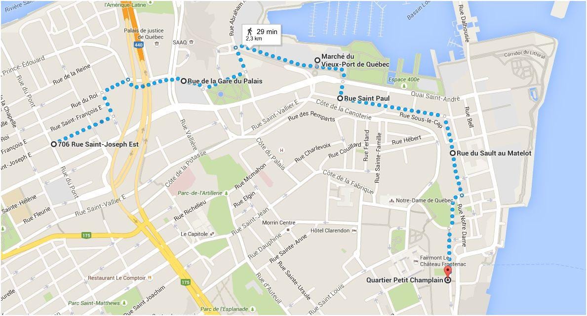 Kort over Quebec City nedre bydel