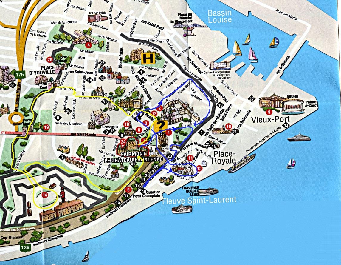 kort af old Quebec med seværdigheder